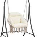 ANOW Macrame Hammock Chair with Stand, Heavy Duty Hanging Chair Stand with Swing Chair, Includes Luxury Padded Cushion, Max 400 Lbs, Natural