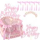 Pink Bow Birthday Decorations, Tyotrbs Coquette Cake Topper Pink Bows For Cake with Rosa Gold Birthday girl Headband for Vintage, Ribbon, Coquette Themed Party