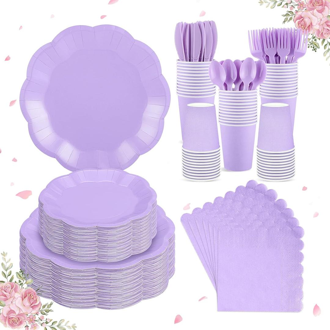 350 Pcs Light Purple Party Supplies Include Scalloped Lavender Plates Mothers Day Napkins Cups Forks Knives Serve 50 Guest Disposable Party Tableware Set for Wedding Baby Shower Birthday Party