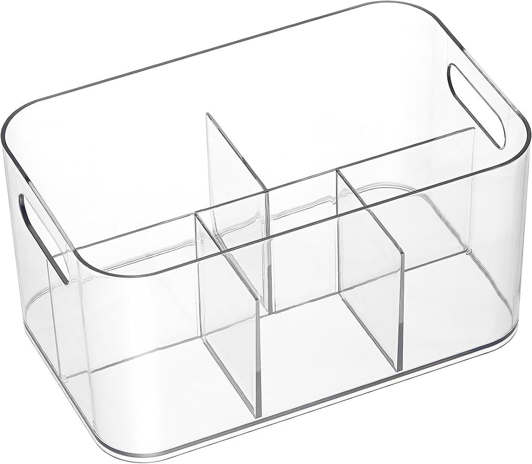 2 Pack, 5-Compartment Clear Plastic Bin - Divided Art Supplies, Cosmetic Makeup Caddy Organizer - Multiuse Storage Container for Vanity, Bathroom, Kitchen, Office, Craft, Shower, Cleaning Items