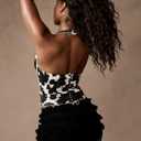 Floerns Women's Western Cow Print Denim Tops Tie Zipper Sleeveless Backless Halter Top, XL
