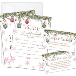 Snowflake Baby Shower Invitations with Envelopes, Diaper Raffle Tickets, Book Request Cards for Gender Reveal, It's Cold Outside Christmas Shower Insert for Invitations, Baby Announcement-14