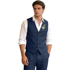Men's Linen Suits 2 Piece Slim Fit Suit Prom Beach Wedding Groomsman Vest Pants Set Casual Summer Linen Outfit (Blue, 3XL)