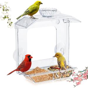 Clear Window Bird Feeder with Strong Suction Cups  Clear Bird Feeding Station with Dual Seed Tray & Water Bowl  Easy to Install and Clean for Outdoor Viewing