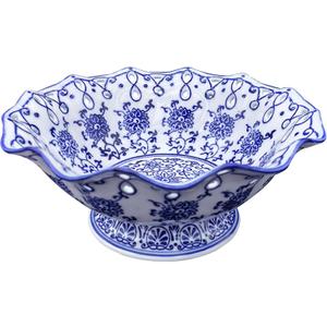 Candy Bowl Ceramic Candy Serving Plate Blue and White Chinoiserie Decor Bowl with Foot for Living Dining Room (6.9in)