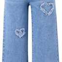 SHENHE Girl's Y2K Heart Applique Elastic High Waist Jeans Wide Leg Loose Denim Pants 10Y