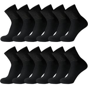 Cotton Diabetic Neuropathy Quarter Socks, Non-Binding Ankle Socks, Multipack (13-16, Black - 12 Pairs)