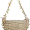 Women Pearl Straw Clutch Purse Woven Summer Beach Evening Bag Wedding Party Straw Shoulder Handbag (Beige)