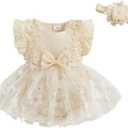 Douhoow Baby Girl Romper Dress Baby Dress Romper Flowers Lace Infant Girl Spring Summer Clothes with Headband