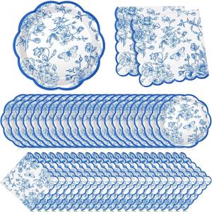 Willinglong 120 Pcs Floral Paper Plates and Napkins Bulk Disposable Napkin 2-ply Scalloped Paper Plates Dinnerware Sets for Wedding Baby Shower Birthday Party Decorations (Blue)
