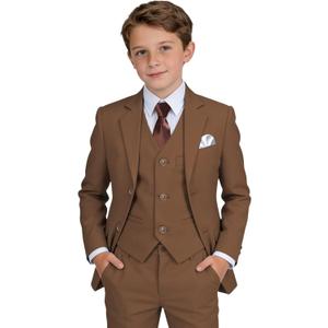 Boys‘ Slim Fit Suit Brown Tuxedo Suits for Boys Easter Outfits Boy’s Formal Dress Blazer Tux Kids Formal Suit Set Size 16
