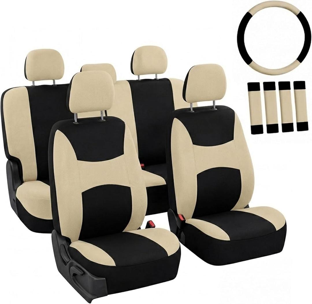 Automotive Seat Covers Beige Black Universal Fit Seat Cover Combo Set with Steering Wheel Cover and Seat Belt Pad (Airbag Compatible and Split Bench)