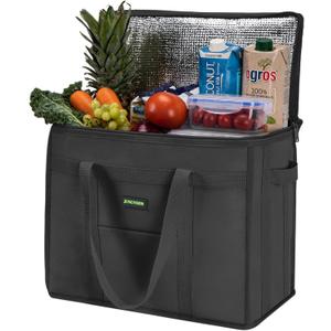 JUNGYOON Heavy-Duty Insulated Grocery Bags & Insulated Bag  Collapsible Cooler Bag with Zippered Top | Reusable Shopping Bags for Groceries, Picnics, Beach (XL Black)