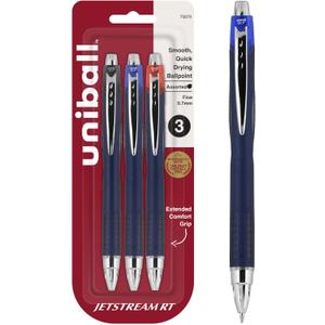 Uni-Ball Jetstream RT 3 Pack, 0.7mm - Black, Blue and Red Ballpoint Pens - Wirecutter Best Pen, School Pens, Ballpoint Ink Pens - Ballpoint Pen, Colored Pens, School Supplies, Smooth Writing Pens