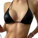 Verdusa Women's Triangle Bikini Top Self Tie PU Leather Halter Swim Top (Black, L)
