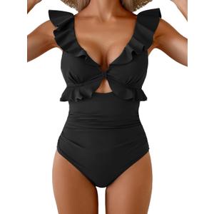 Aidonger Women's One Piece Swimsuit Tummy Control Ruffle Bathing Suit V Neck Ruched Swim Suit Slimming Cutout Swimwear (Black, XL)
