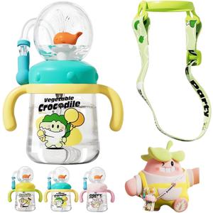 Drinking Cup with Whale Squirt 2025 Kids Weighted Sippy Cups No Spill Cute Water Bottle with Lids and Straws Leak Proof Handles Adjustable Strap 360 Squirting Milk Straw Training Sippy Cup (Crocodile)