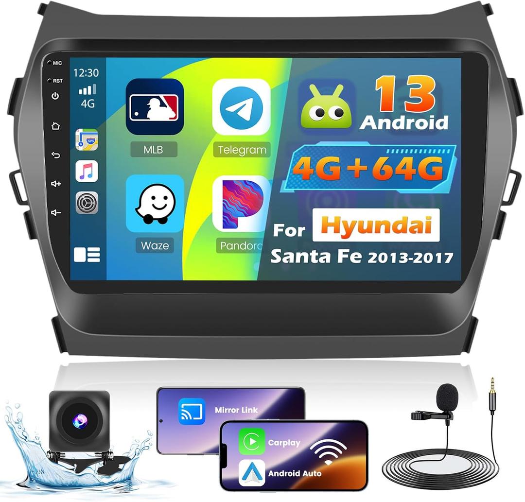 Roinvou 4+64G Android Carplay Stereo for Hyundai Santa Fe 2013-2017, 9" Touch Screen Carplay Android Auto with 32EQ Bluetooth WiFi GPS Navigation Mirror Link 1280 * 720 Resolution
