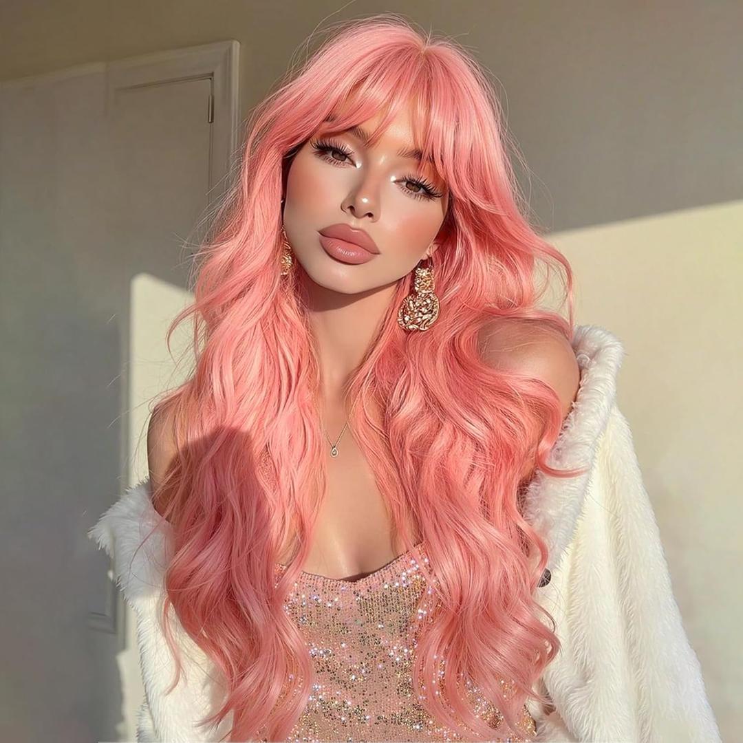 NOSTALGIA Pink Wig With Bangs Long Wavy Wigs for Women 26 Inch Curly Wavy Wig With Bangs skin-friendly synthetic fibersc for Women Girls Daily Party Chrismas Travel