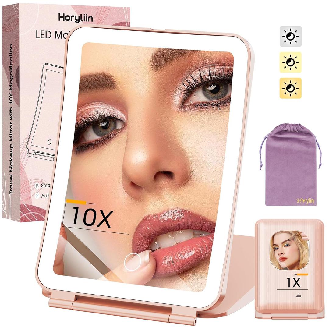 Travel Makeup Mirror with Lights and Magnification, 10X/1X Magnifying Vanity Mirror with 3 Colors & Brightness Adjustable, 2000 mAh Rechargeable Lighted Compact Mirror, Women Gift(Pink)