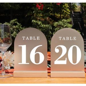 Wedding Table Numbers 16-20, Acrylic Arch Signs with Natural Wood Stands Holders, Rustic Table Decor for Reception & Parties (Frosted White)