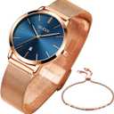 OLEVS Ladies Watches Rose Gold Japanese Quartz Female Watches for Women Waterproof Stainless Steel Casual Dress Lady Wrist Watches (Blue dial - Brand bezel - band)