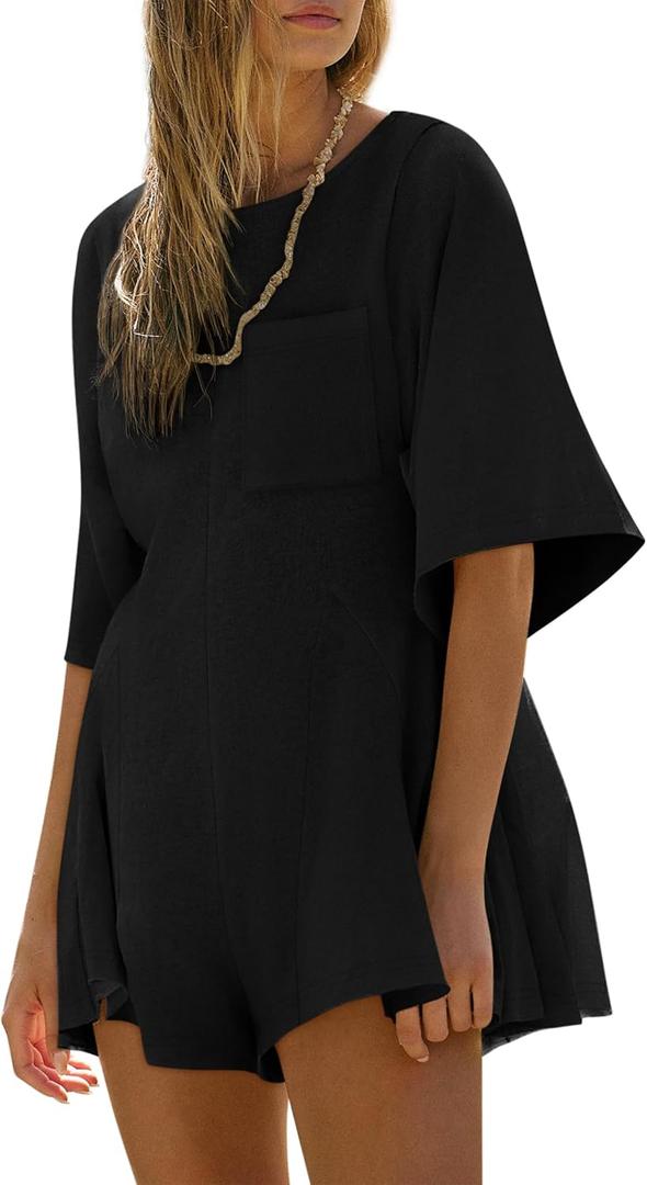 Yousify Rompers for Women 2025 Spring Outfits Summer Casual Short Sleeve Crew Neck Loose Jumpsuits with Pocket (Medium, Black)