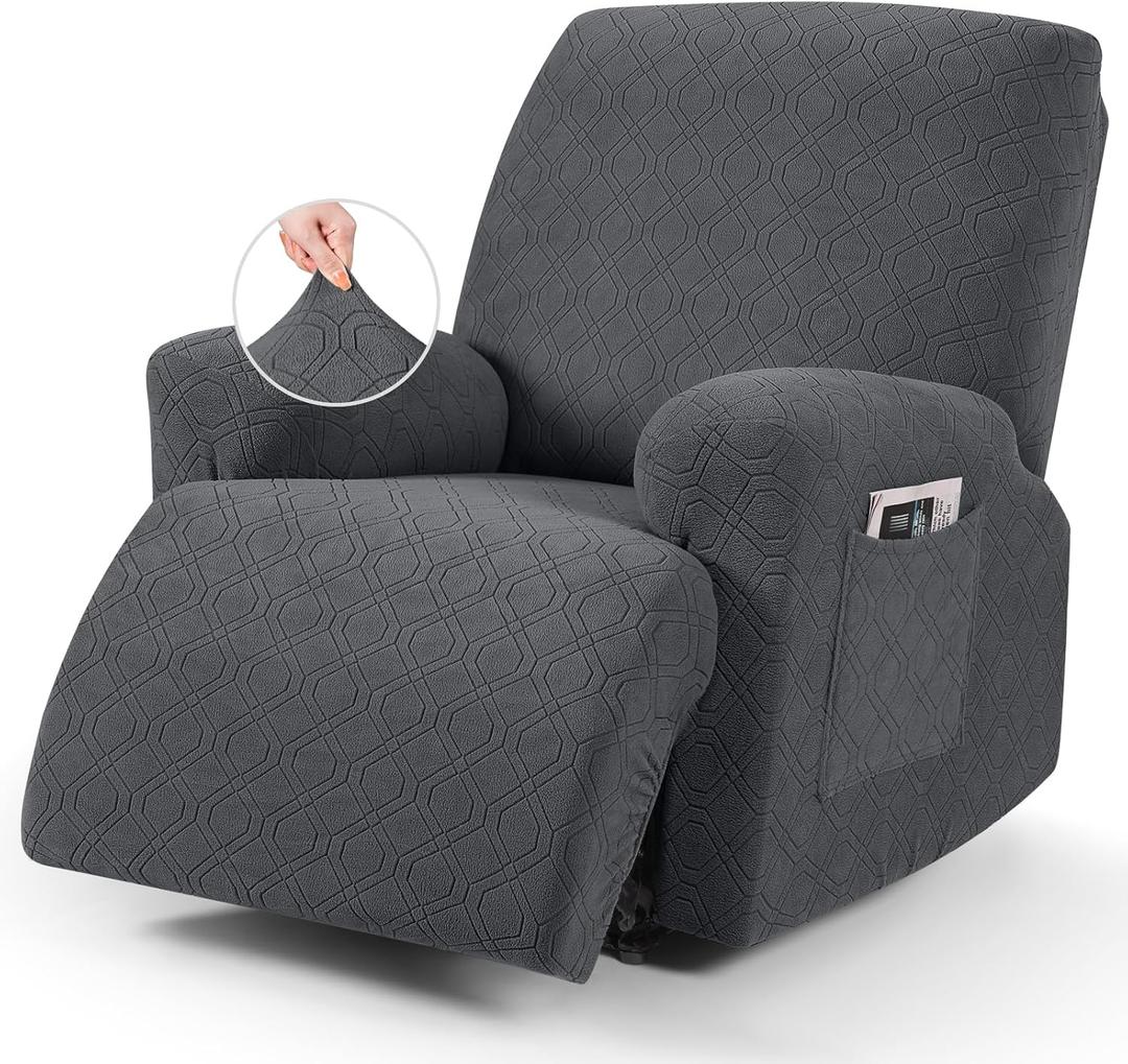 VANSOFY Oversized Recliner Chair Cover, 4-Pieces Stretch Recliner Covers for Recliner Chair Soft Reclining Chair Slipcover Jacquard Pattern Furniture Protector for Dogs Cats(Charcoal Gray) (1 Seater--X Large)