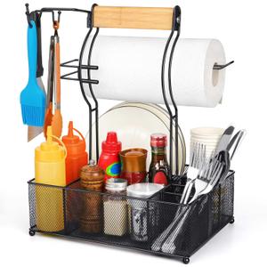 FANGSUN Grill Caddy, BBQ Caddy with Paper Towel Holder, Picnic Condiment Utensil Caddy for Outdoor Camping, Barbecue Accessories Storage Organizer for Griddle Grilling Tools, RV Patio Camper Must-Have