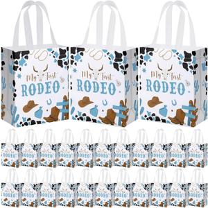 Supervitae 24 Pack My First Rodeo Gift Bags Medium Western Theme Cowboy Party Decoration Supplies Reusable Non Woven Totes for 1st Birthday Rodeo Themed Supplies Favor(9.8" x 7.9" x 3.9")