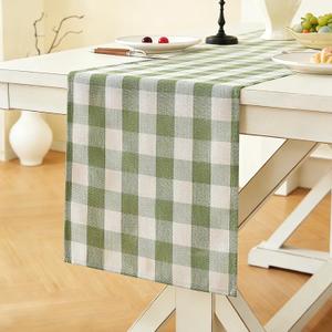 Laolitou Spring Green Checkered Table Runner, Cotton Linen Gingham Table Runners, Classic Buffalo Plaid Farmhouse Table Decor, 13x72 Inches