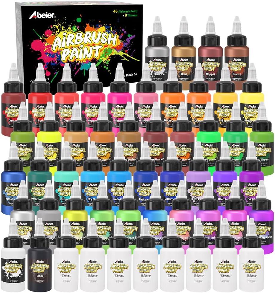 ABEIER Airbrush Paint Set - 46 Colors (30ml/1oz) with 8 Thinners, Ready to Spray Non-Toxic Acrylic Air Brush Paint for Models, Shoes, Canvas, Wood, Leather & Nails - 54 Bottles Total
