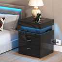 ChooChoo LED Nightstand with Charging Station,Smart Night Stand with Sliding Top Storage, 2-Drawers High Gloss Bedside Table, Modern End Table for Bedroom,Black (1 Pack)
