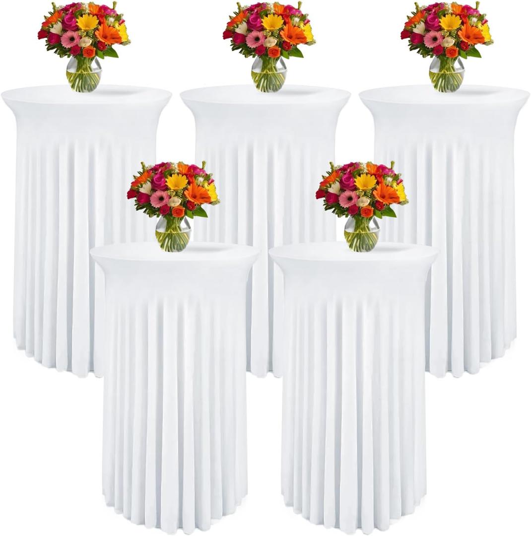 Pack of 5 Round Spandex Cocktail Tablecloths with Skirt - Stretch Table Covers for High Top Bar, Wedding, Party, Banquet (White, 32 x 43 Inch)