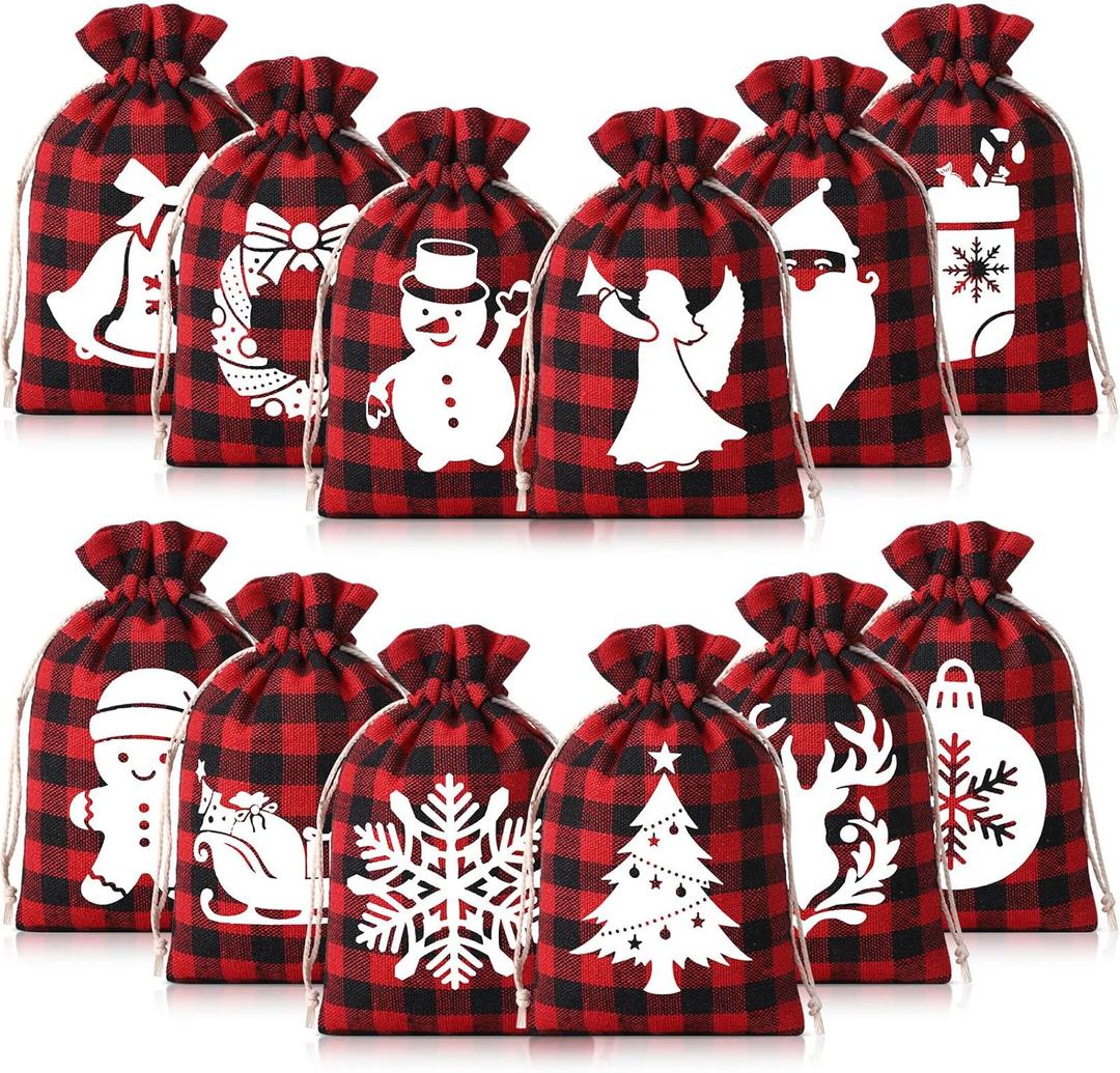 Nuogo 48 Pcs Christmas Burlap Gift Bags with Drawstrings, Linen Christmas Sack Small Goodie Bags Xmas Gift Wrap Sack for Xmas Party Favors Supplies, 12 Designs (Simple Style)