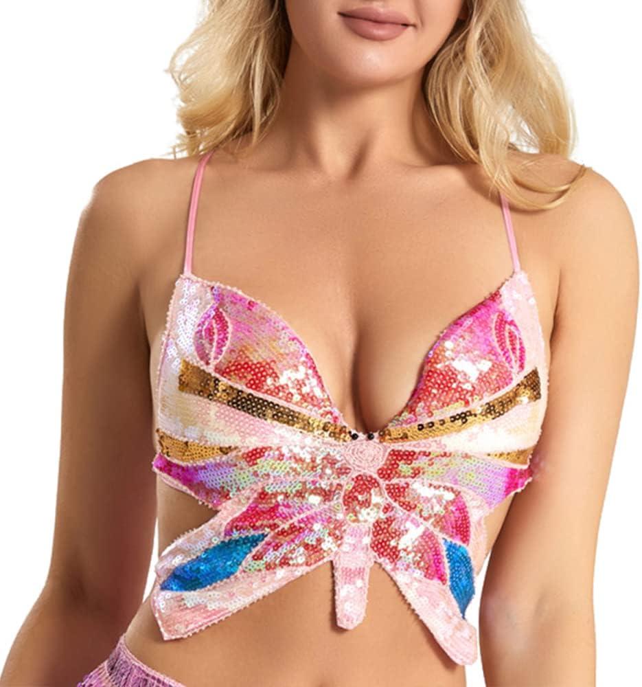 Womens Sparkly Sequin Butterfly Crop Top Sparkly Glitter Bandage Tank Bra Tops Belly Dance (Pink)