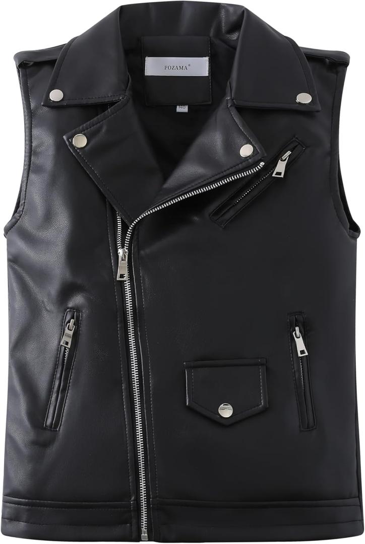 Kids Faux Leather Vest | Sleeveless Motorcycle Jacket with Zipper Pockets Coat for Boys Girls Ages 3-12 (5-6 Years, Black)