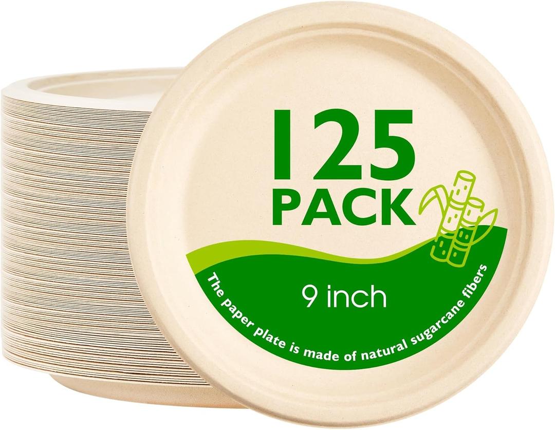 9 Inch 125 Pack Compostable Paper Plates, Biodegradable Heavy Duty Disposable Plates, Round Unbleached Brown Plates Made from Natural Sugarcane Fibers, for Party, Camping, Picnic