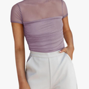 REORIA Women's Sexy Mock Turtle Neck Short Sleeve Shirts Sheer Mesh Ruched Trendy Going Out Bodysuits Tops, M