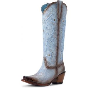 Knee High Womens Cowboy Boots Embroidered Pointed Toe Cowgirl Boots with Side Zipper Retro Western Chunky Heel Tall Boots Blue 8