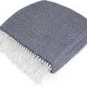 PAVILIA Herringbone Blanket Throw with Fringe,Faux Cashmere Knitted Throw with Tassels for Couch Bed,Decorative Farmhouse Soft Lightweight Plush Fuzzy Cozy,50x60,Herringbone - Navy Blue
