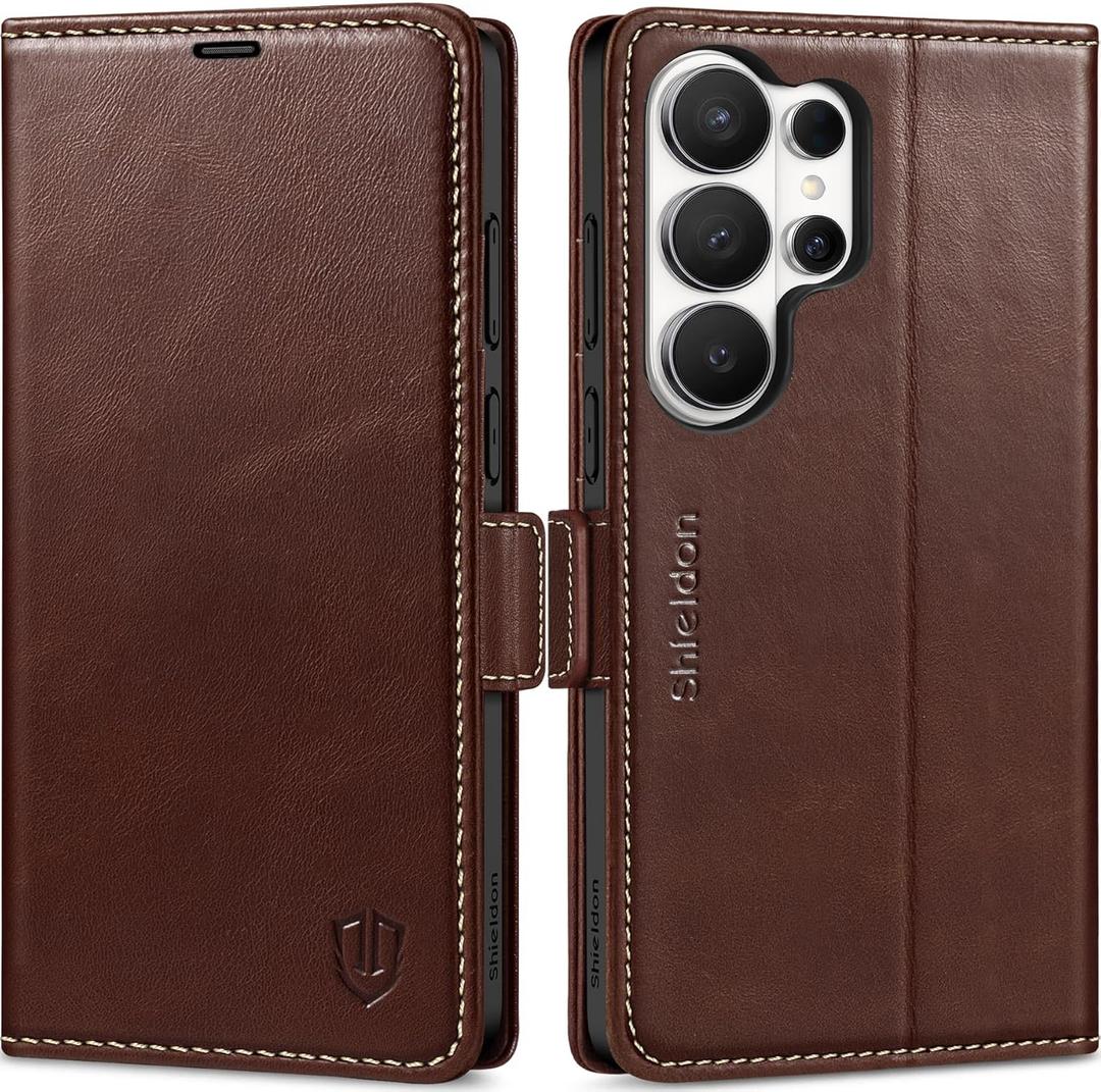 SHIELDON Wallet Case for Galaxy S26 Ultra 5G, Genuine Leather RFID Blocking Credit Card Holder Kickstand Magnetic Folio Protective Cover Compatible with Galaxy S26 Ultra 6.9" 2026 - Retro Coffee