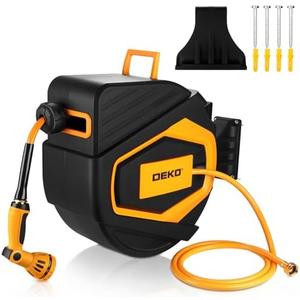 Retractable Garden Hose Reel:100 ft x 1/2 inch, Garden Hose Reel with 9-Pattern Nozzle, 180°Swivel Bracket Wall-Mounted, Automatic Rewind, Lock at Any Length, with Slow Return System