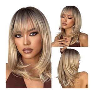 Ladies wig Brown Synthetic Wigs for Women Shoulder length Hair Natural Wig with Bangs Straight Dark Brown Wig Daily Use Heat Resistant Fiber (LC242-1)