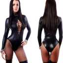 Women Sexy Leather Lingerie Bodysuits Erotic Leotard Club Latex Costume (Large, Black)
