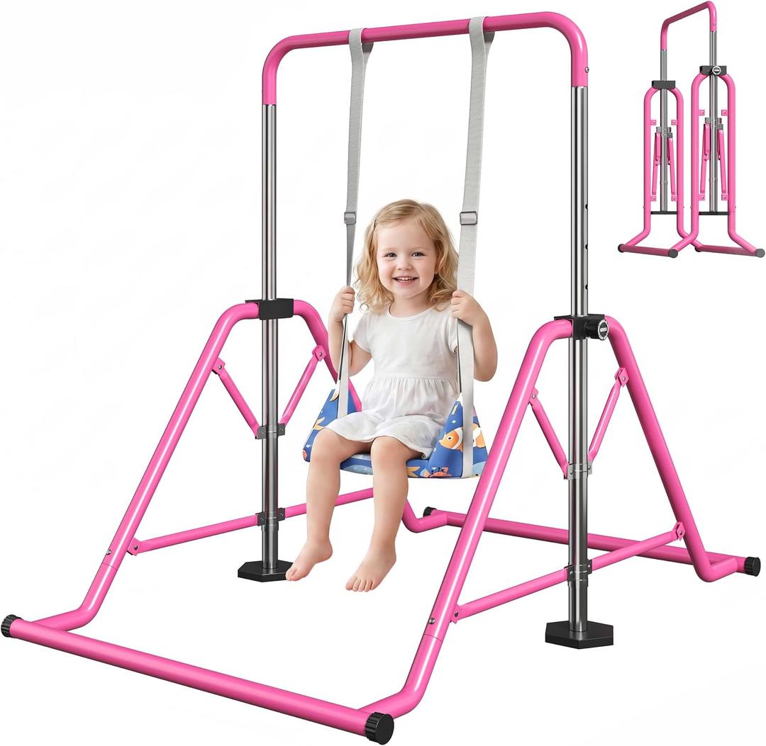Expandable Gymnastics Bars 45''-61'' with Side Support Bars for Kids Ages 5-13 | 300lb weight capacity enhanced stability 5-level adjustable foldable quick 10min assembly non-slip base