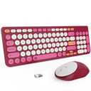 FD Wireless Keyboards and Mouse Combo - 2.4GHz USB Cordless, Cute Wireless Keyboard Round Keys, Quiet and Slim Set for Laptop, Computer, TV and Mac - Strawberry White Colorful