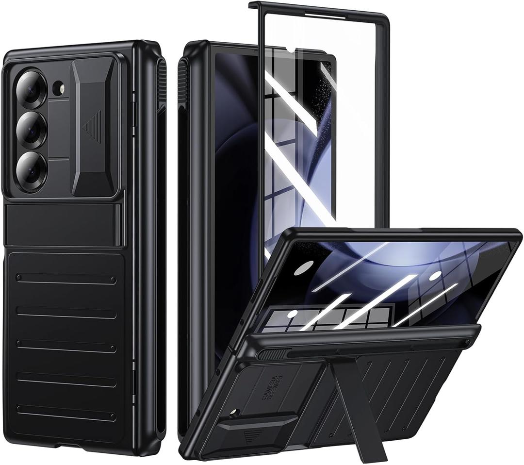 for Samsung Galaxy Z Fold6 Case: Slim Hinge Stand Case with Screen Protector & S Pen Holder - Full Body Rugged Hard Protective Phone Cover for Women Men (Black)