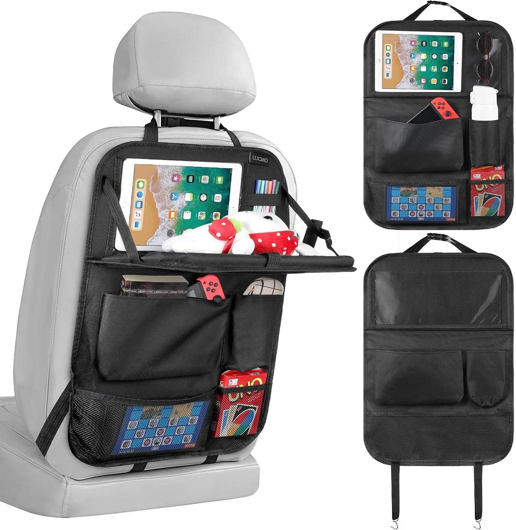 LUCMO Car Backseat Organizer with Tablet Holder,6 Storage Pockets Car Storage Organizer with Foldable Food Tray,Protectors Kick Mats Travel Accessories - Black