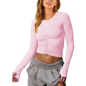Vivitulip Womens Long Sleeve Shirts Basic Fall Ruched Slim Fitted Crop Tops Tight Athletic Blouse with Thumb Holes (Medium, Pink)